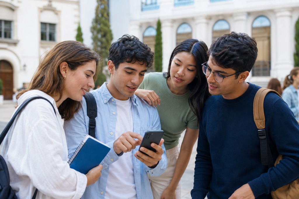 Estudiantes internacionales consultando un seguro de salud