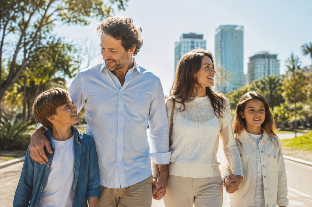 Familia paseando, cobertura de seguro de salud familiar