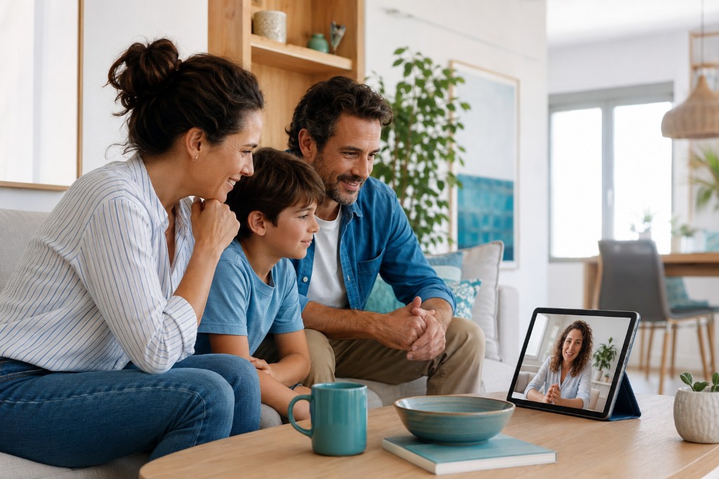 Familia utilizando servicios de salud digital con Segurysa